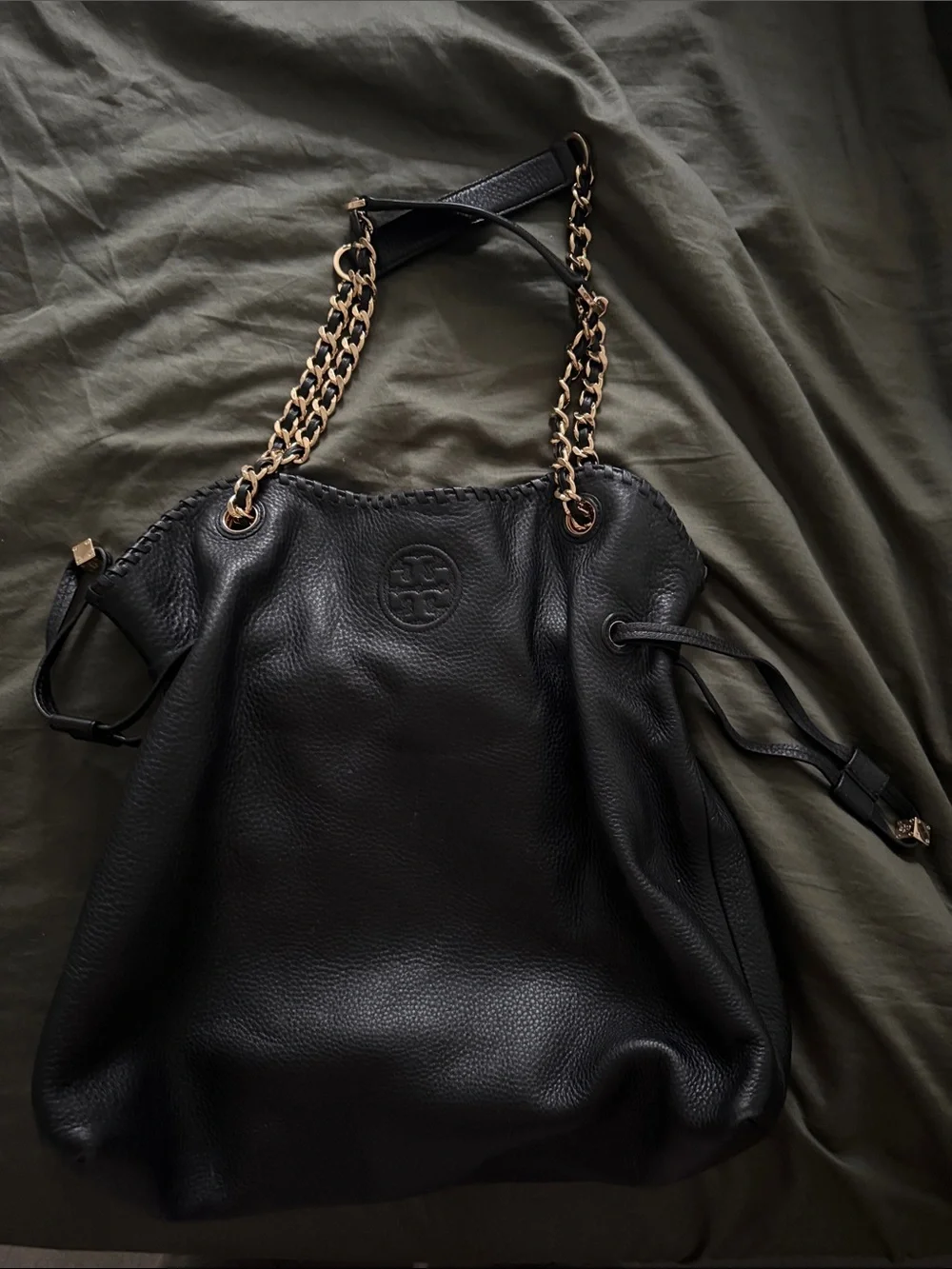 Tory Burch Black Pebbled Leather Chain-Handle Shoulder Tote